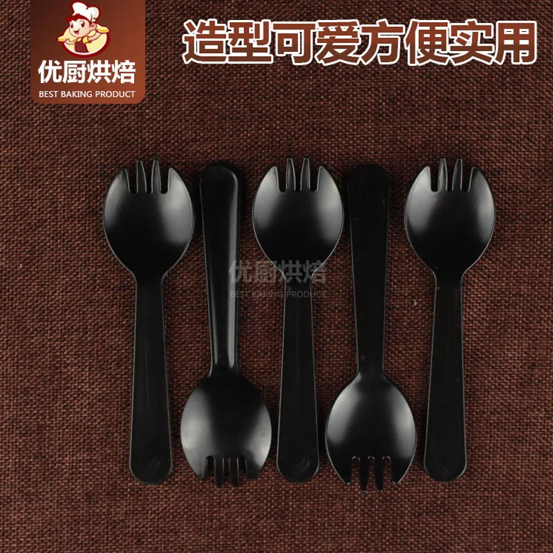 

Fork Spoon Disposable Black Fork Fork Spoon Mousse Fruit Cake Fork Spoon Color Plastic Individual Package 100 Pieces