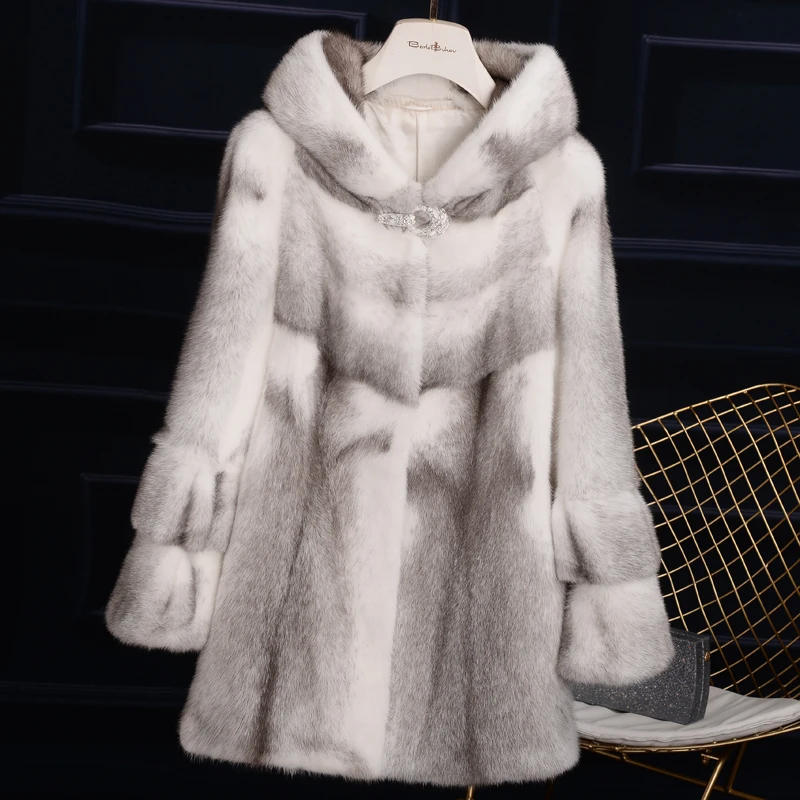 inverno полностью из норки меховое пальто из норки Круз Мода simples com capuz de pele de vison da pele das Mulheres de longo