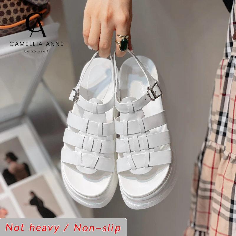 

Summer 2021 Women Wedges Gladiator Flat Platform Genuine Leather Muffin Shoes Female Solid Rome Casual Beach Sandals Non-Slip