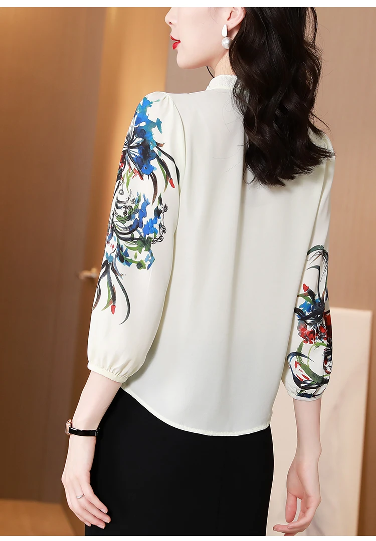 

Women's Blouse Chiffon Blouses Summer Tops V-neck Shirt Fashion Top Casual Shirts 3/4 Sleeve Printing Loose Lady Blusas Houthion