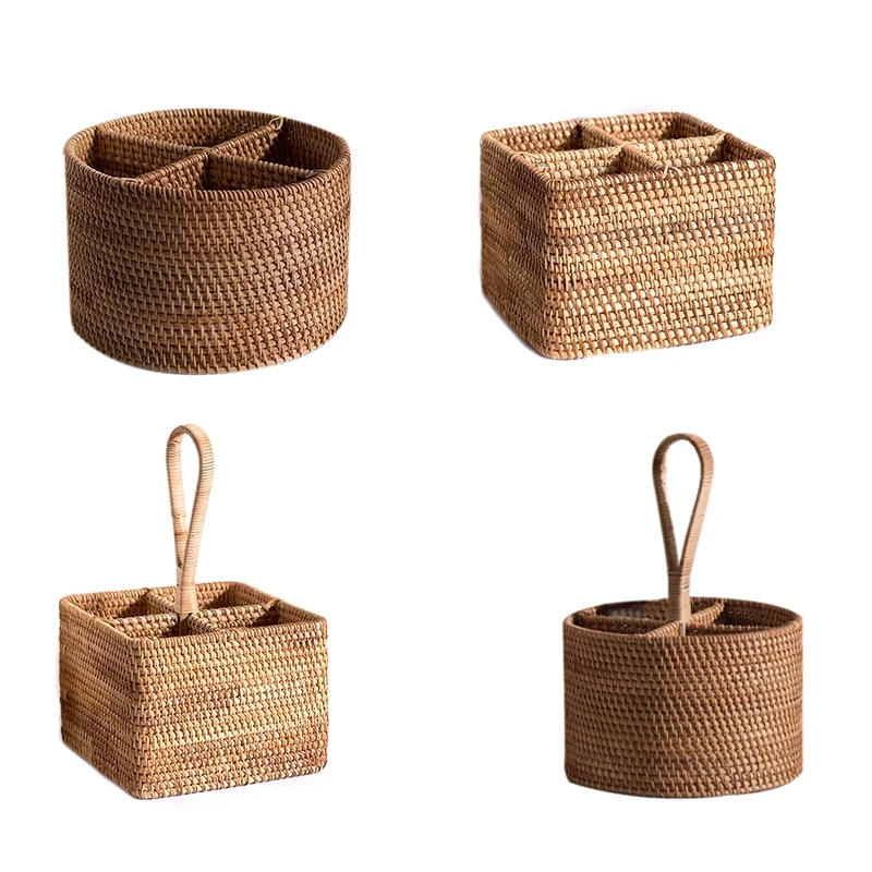 

Hand-Woven Wicker Straw Storage Basket Portable Four Compartment Classification Storage Fruit Basket Home Storage Retail