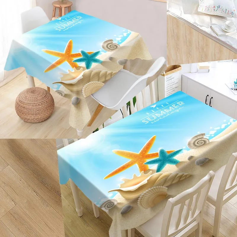 

Best Custom Seashells On Beach Table Cloth Rectangular Oxford Print Waterproof Oilproof Square Table Cover Party Tablecloth