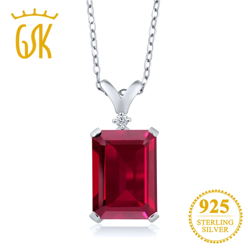 GemStoneKing 8,02 карат изумрудная огранка, красный рубин, белый бриллиант, подвеска, ожерелье, 925 пробы, серебро, хорошее украшение для женщин
