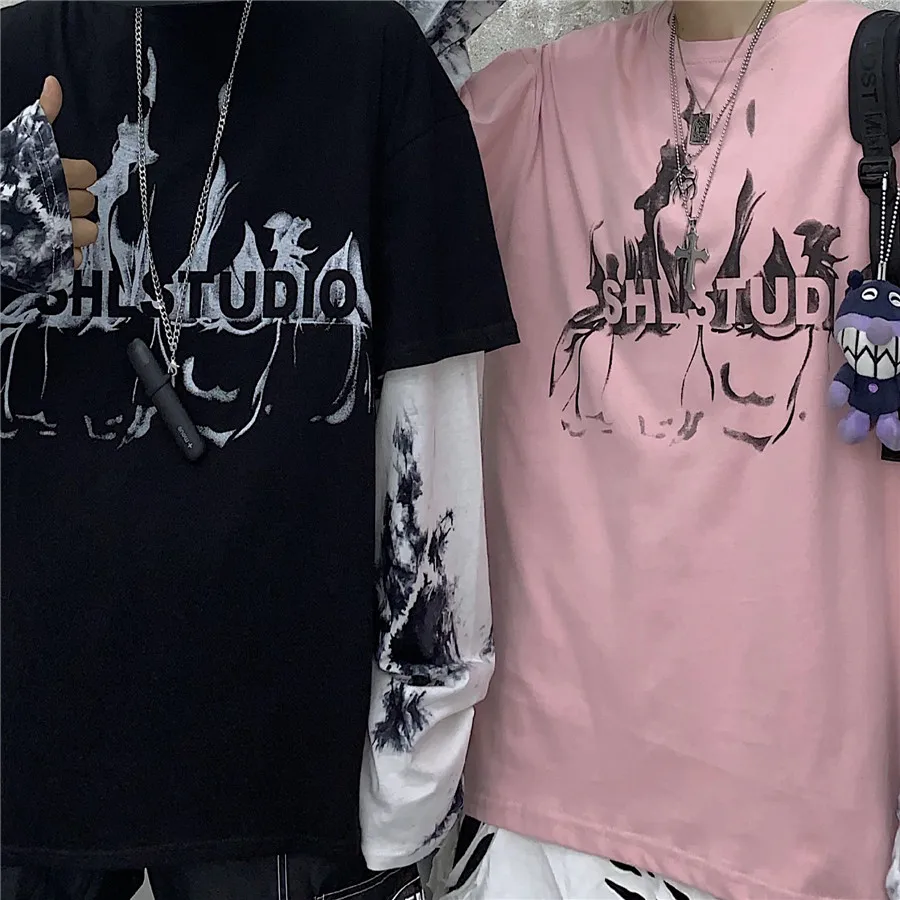 Woherb, Harajuku, футболка из двух частей, женская и Мужская модная уличная одежда, топы с буквенным принтом, повседневные топы с длинным рукавом, футболки