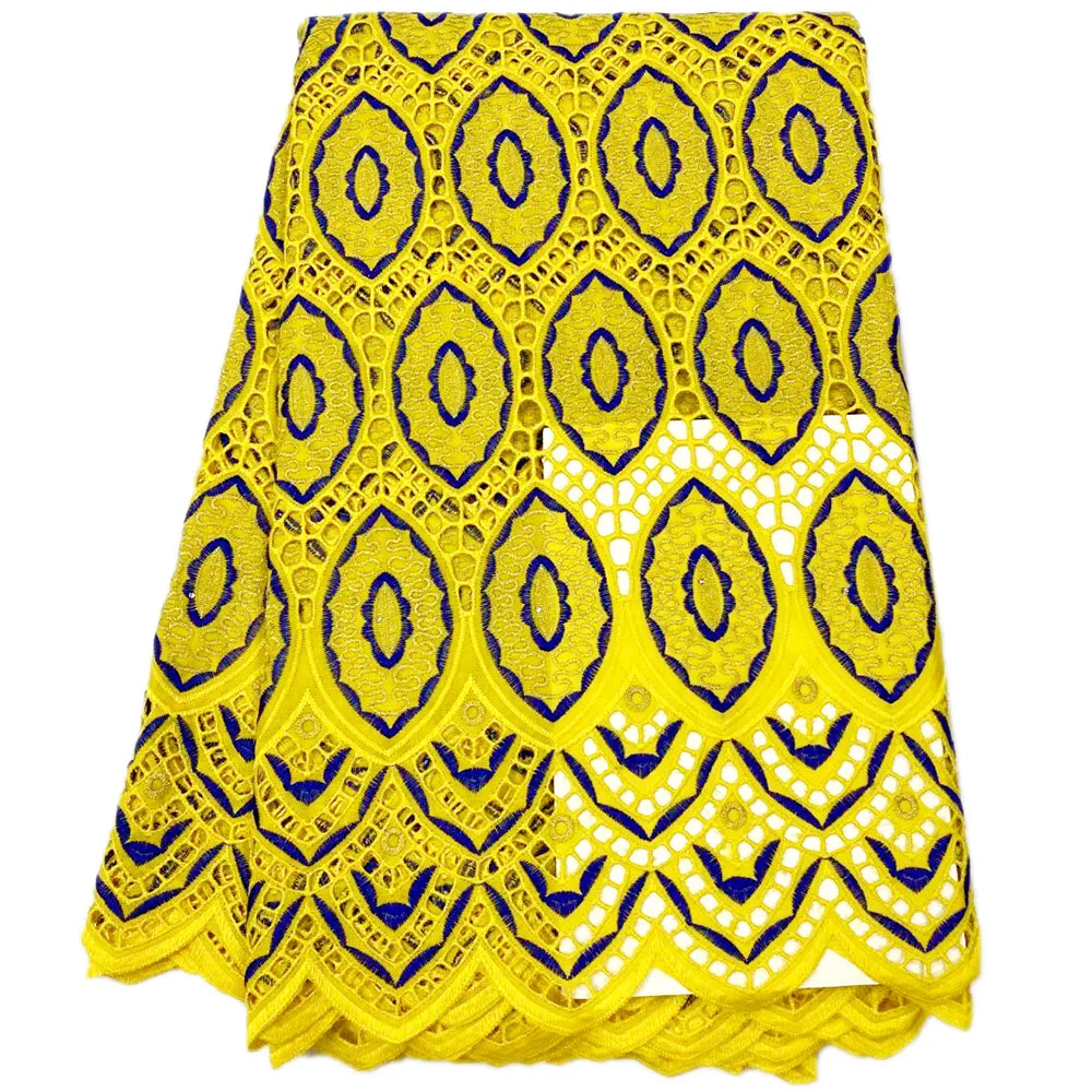 

2,5 ярдов, новейшая Высококачественная Африканская Хлопковая ткань, желтая вышивка, швейцарская вуаль, кружевная ткань, свадебное платье, тк...