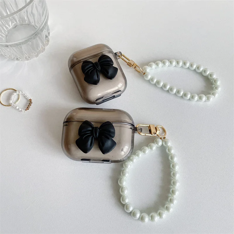 

Transparent Black Bowknot Pearls 2021 AirPods 3 Case Apple AirPods 2 Case Cover AirPods Pro Case iPhone Earbuds Accessories