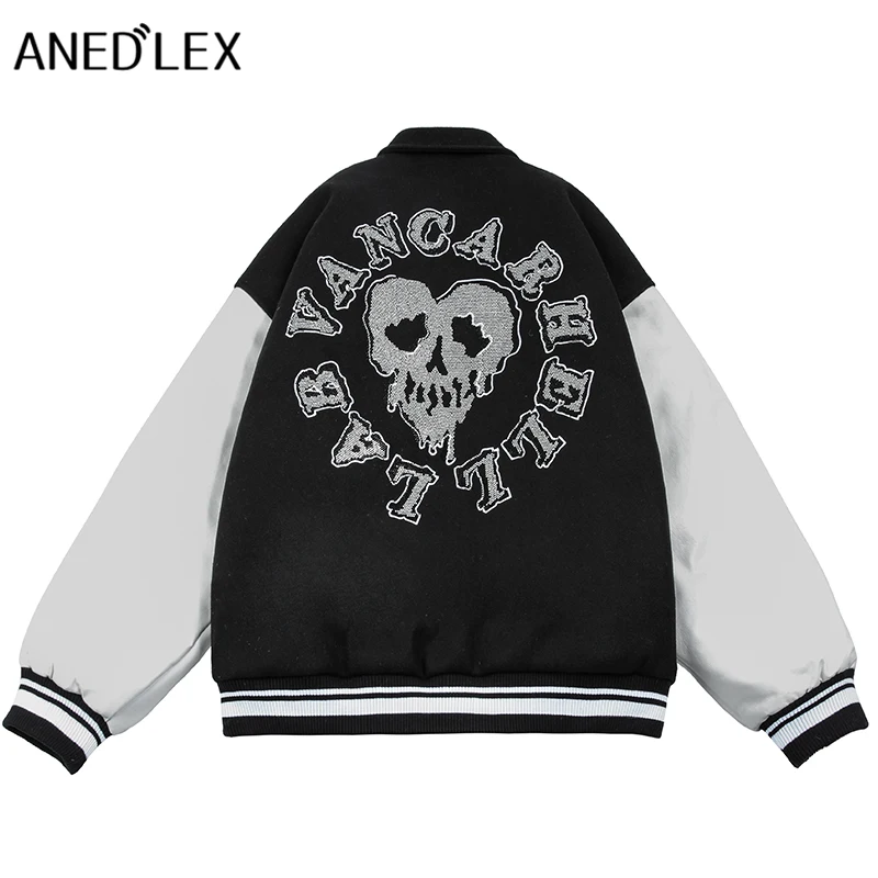 

Hip Hop Bomber Jacket Streetwear Diamond Funny Skull Letter Embroidery Coat Fashion Gothic 2021 Men Winter Baseball Uniform