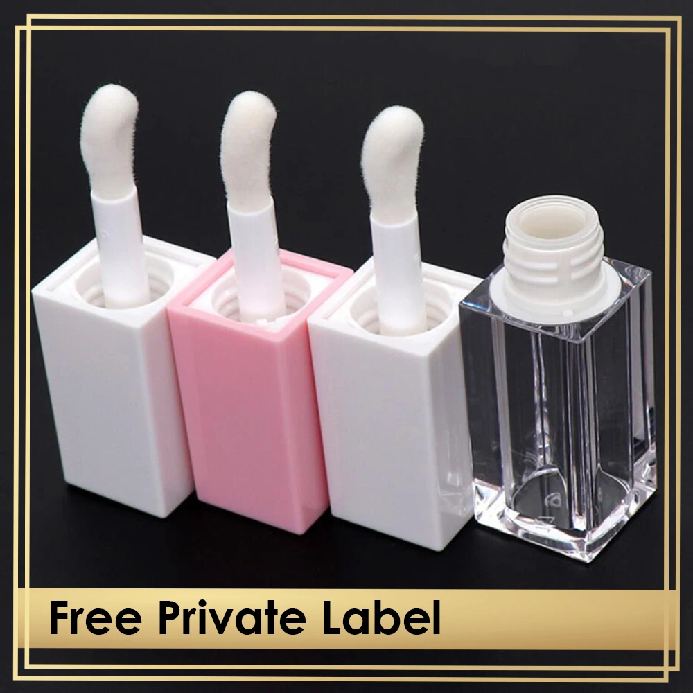 Lip Gloss Tubes with Big Brush/Wand Clear Bottle Customized Logo Wholesale Empty Container Packaging Square Shape White/Pink