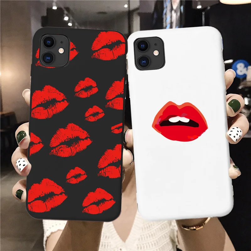 

Black Sexy Girl red Lips Kiss TPU Soft Silicone Phone Case Cover for iPhone 8 7 6S Plus SE2020 XR X 12 13 11 pro XS MAX Coque
