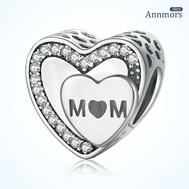 

for Mother Silver Plating Sliver Beads Fits Pandora Bracelet Necklace Charms Heart Shaped Bracelet Pendant Charms Clear Zircon