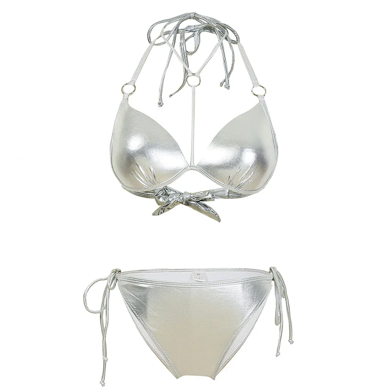 Женский треугольный купальник с блестками Раздельный высокой горловиной и