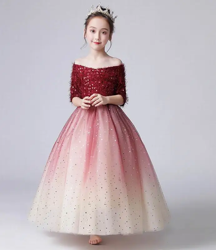 

Sequins Sweater Girls Dresses Glitter Gauze Flower Girl Dress for Party Wedding Baby Clothes 3-12Y E92459