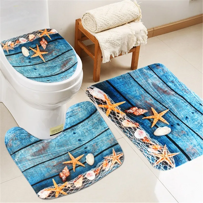 4pcs Seaside Bath Mat Set Beach Starfish Printed Shower Bathroom Carpet Home Decor Anti Slip Toilet Lid Cover Rug Floor Mats | Дом и сад