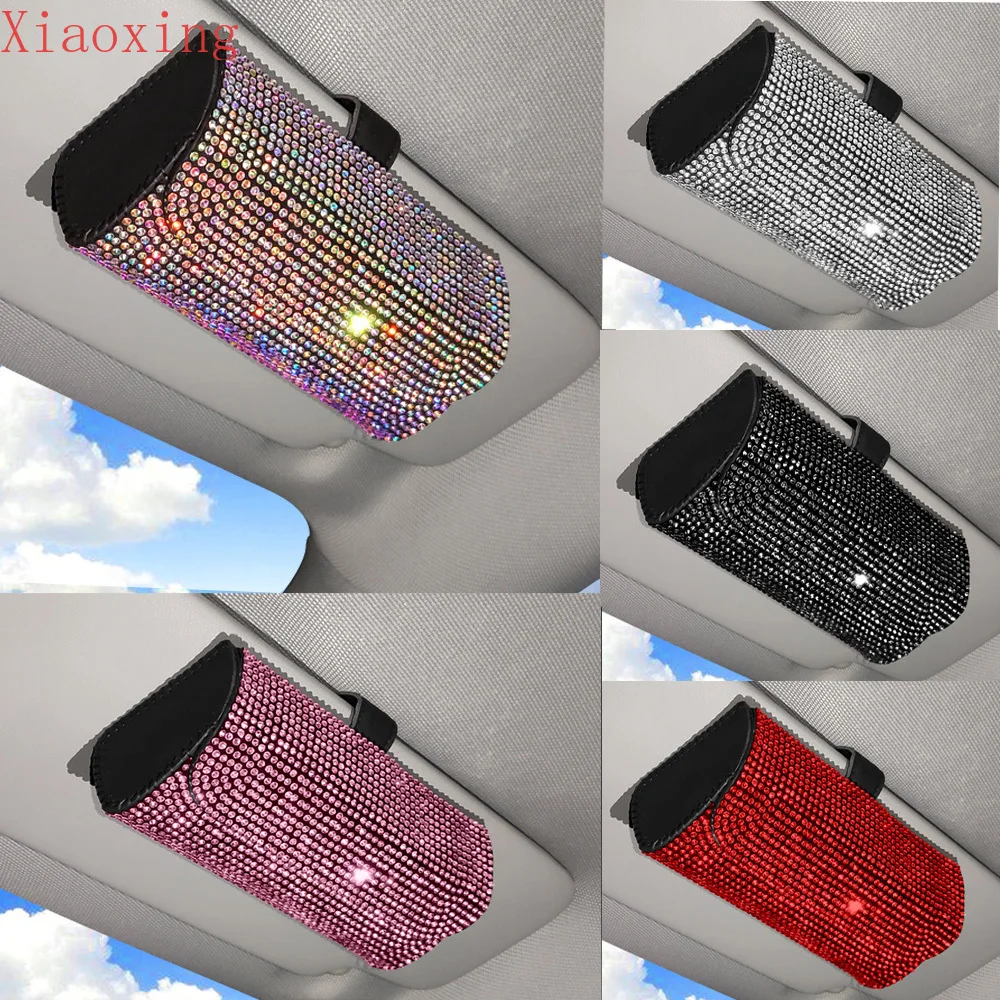 

Rhinestone Car Glasses Case Sunglasses Storage Box 7 Colors Crystal Auto Interior Accessories Sun Visor Organizer Glasses Holder