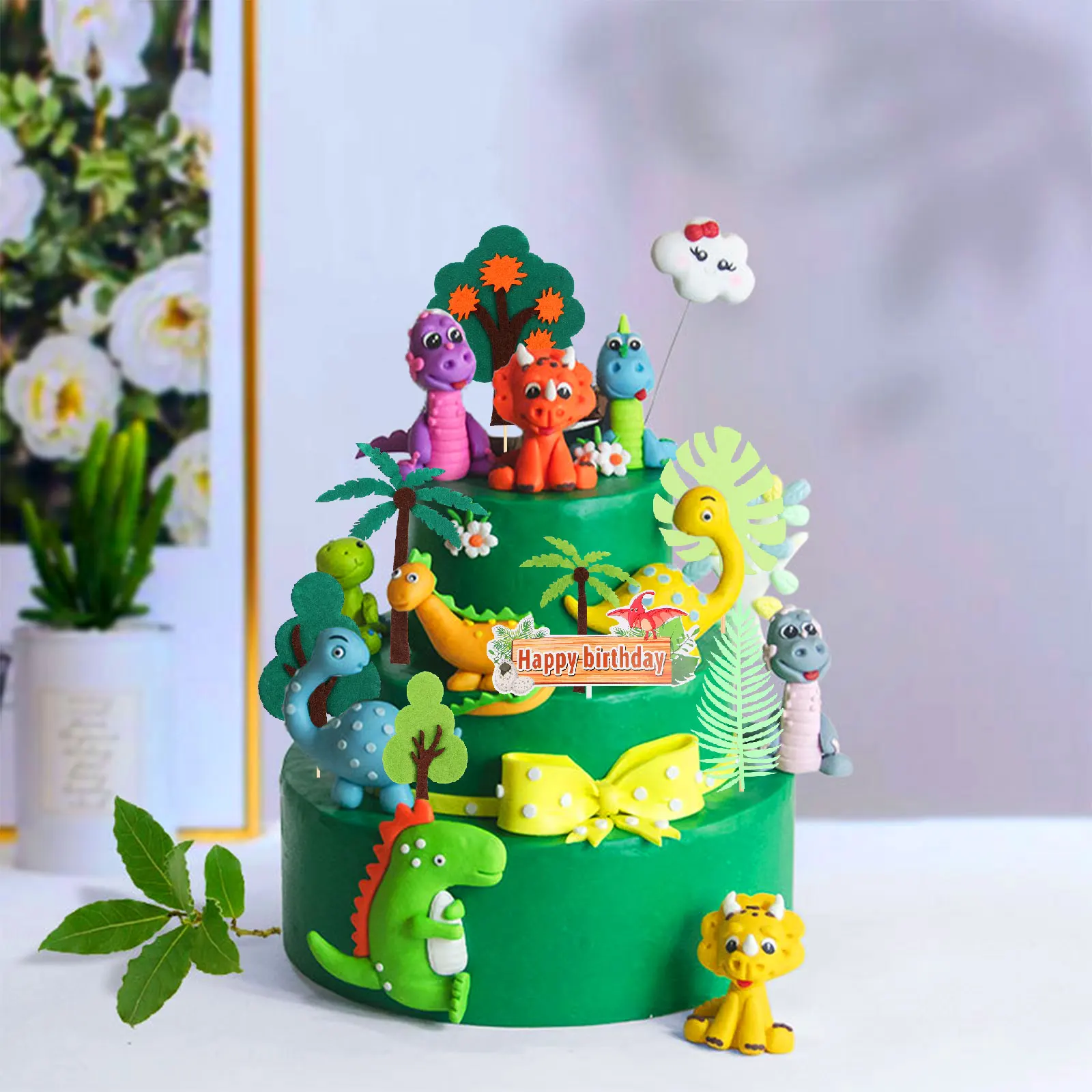 

31Pcs Dinosaur Theme Party Cake Toppers Kit Dinosaur Jungle Safari Birthday Part Cake Insert Leaves Tropical Plant Green Leaves