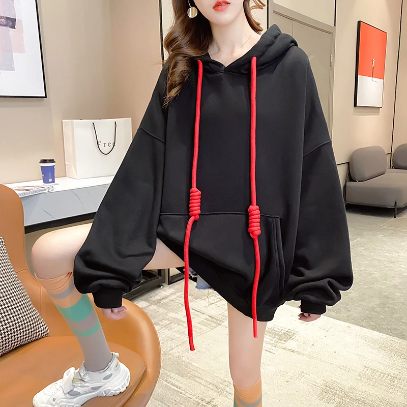 Oversized Thick Women Sweetshirts Fashion Pullover Ladies Fleece Lining Long-sleeved Loose Casual Hip-hop Solid Color Hoodie