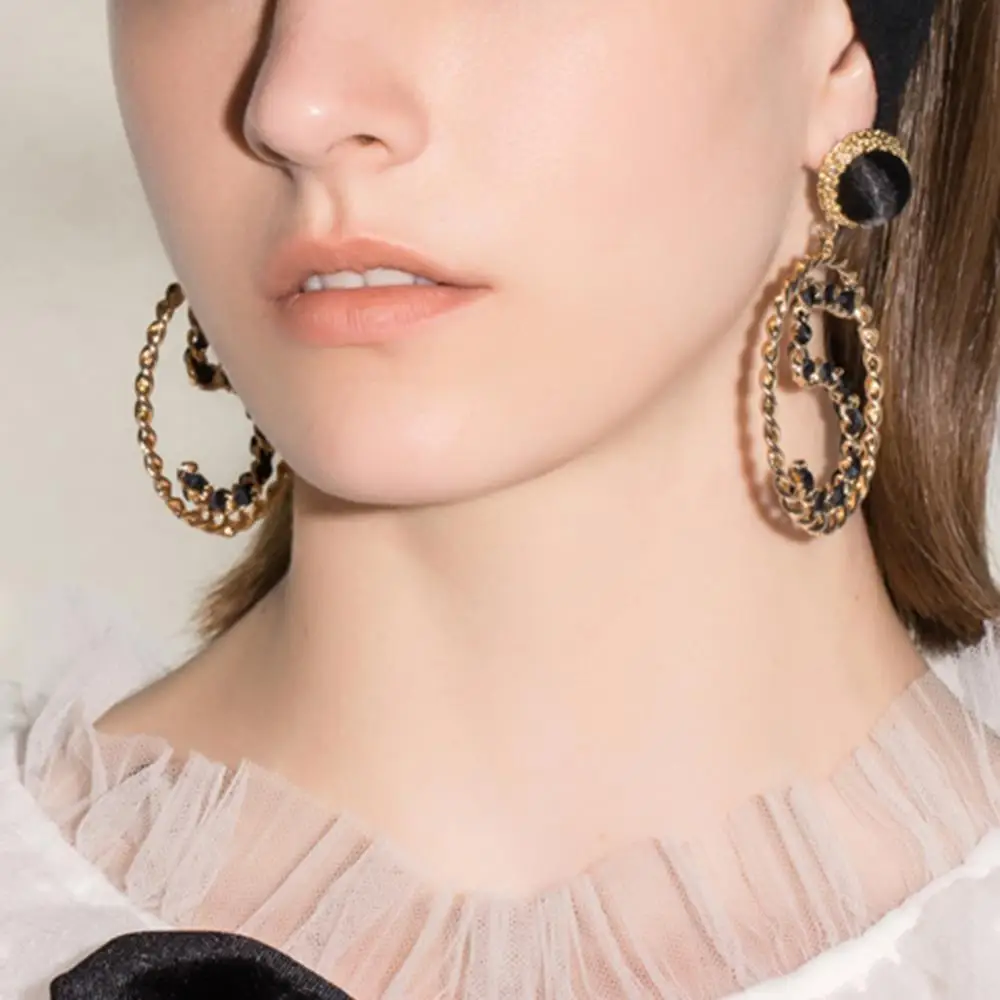

Fashion Women Number 5 Ribbon Faux Pearl Large Circle Statement Stud Earrings