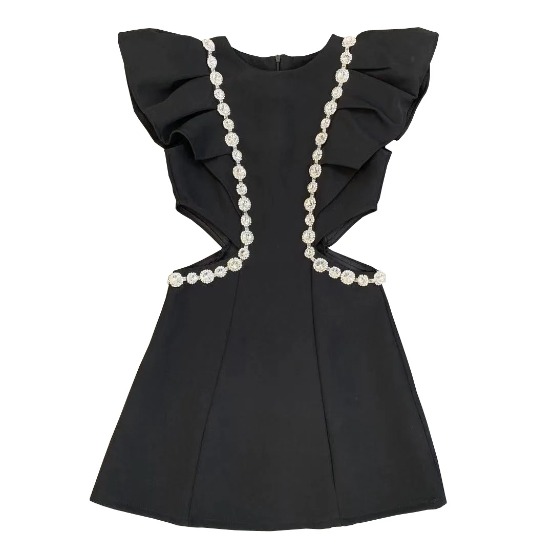 

2022 summer three-dimensional flashing lotus leaf short-sleeved heavy-duty diamond-encrusted waist and thin sexy dress