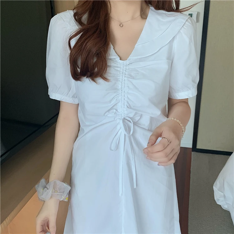 

2021 Spring Summer Women Mini Dress Elegant Short Sleeve Lace-up Solid Color Pleated A-line Casual Beach Dresses Plus Size