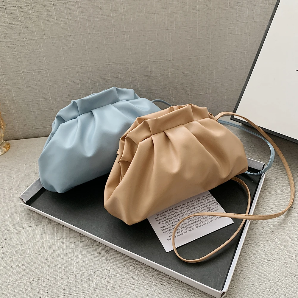 

Women Fashion Soft PU Leather Dumpling Cloud Clip Purse Handbag Day Clutches Pleated Hobos Bag Luxury Shoulder Crossbody bag