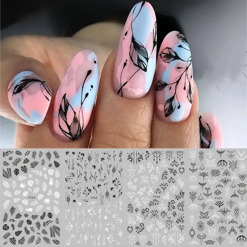 1 лист черно-белый стикеры 3D на ногти Nail Art Стикер цветок дерево зелёный простой