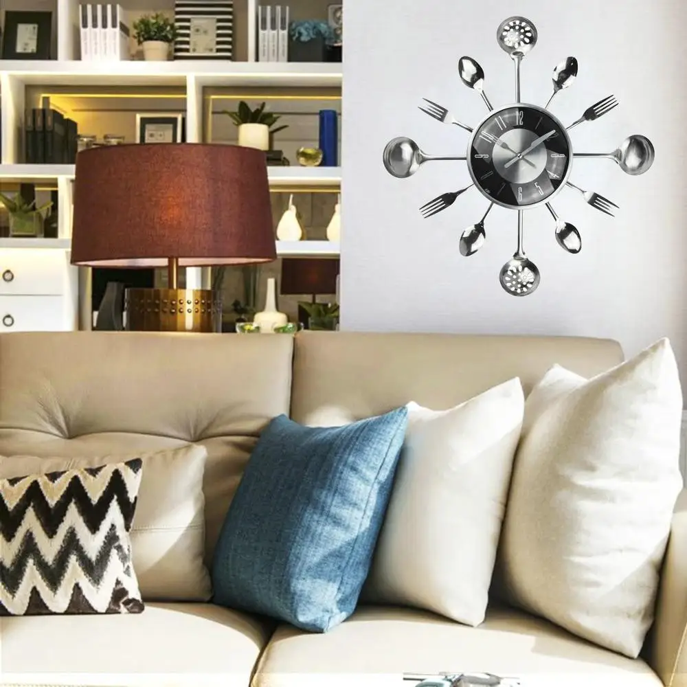 

New Large Cutlery Kitchen Wall Clock Medern Design Metal Kitchen Spoon Forks Wall Clocks Home Decor Wall Watch Horloge Murale