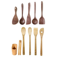 1 set handmade natural walnut wood long handle cooking utensils 1 set cooking utensils with holder spatula fork