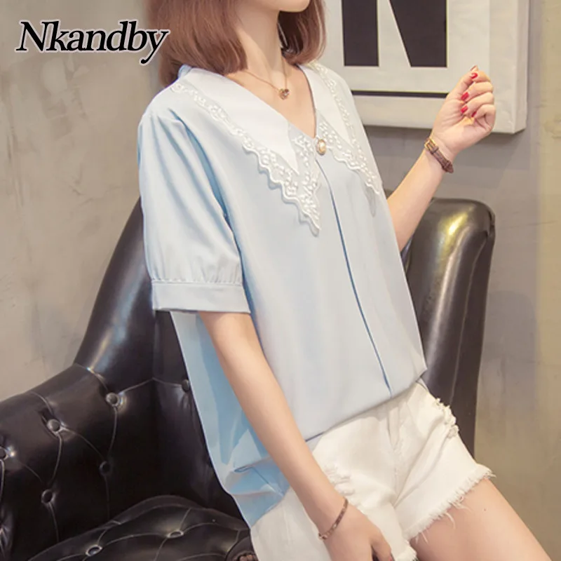 

Женская шифоновая блузка Nkandby, летняя модная сетчатая кружевная рубашка с V-образным вырезом и коротким рукавом, однотонные женские топы в К...