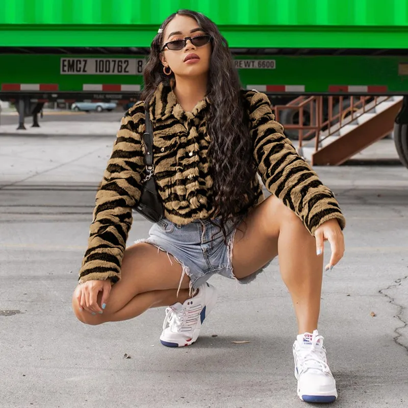 JIEZuoFang искусственный мех Меховая зимняя куртка для женщин с принтом тигра