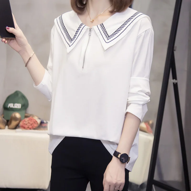 

Black White Long Sleeved Plus Size Korean Autumn Elegant Fashion Blouses And Tops Women'S Oversize T-Shirt Clothing 2021 Female