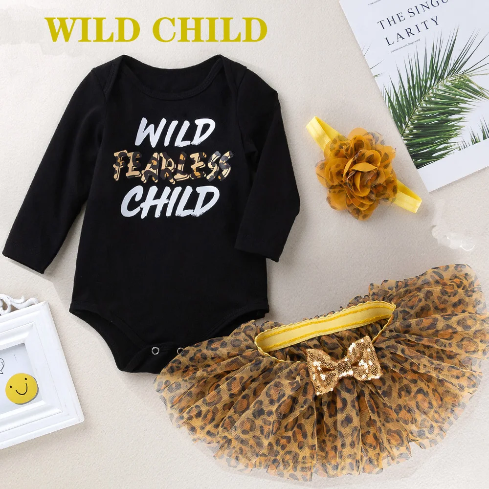

Fall Baby Girls 3PCS Lounge Clothes Set Newborn Children's Birthday Long Sleeve Tops + Leopard Skirt + Headband 3 6 12 24 Month