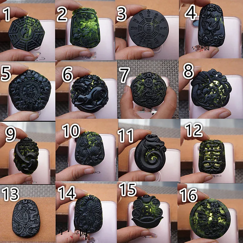 Китайский черный зеленый нефрит двусторонний полый кулон натуральный обсидиан