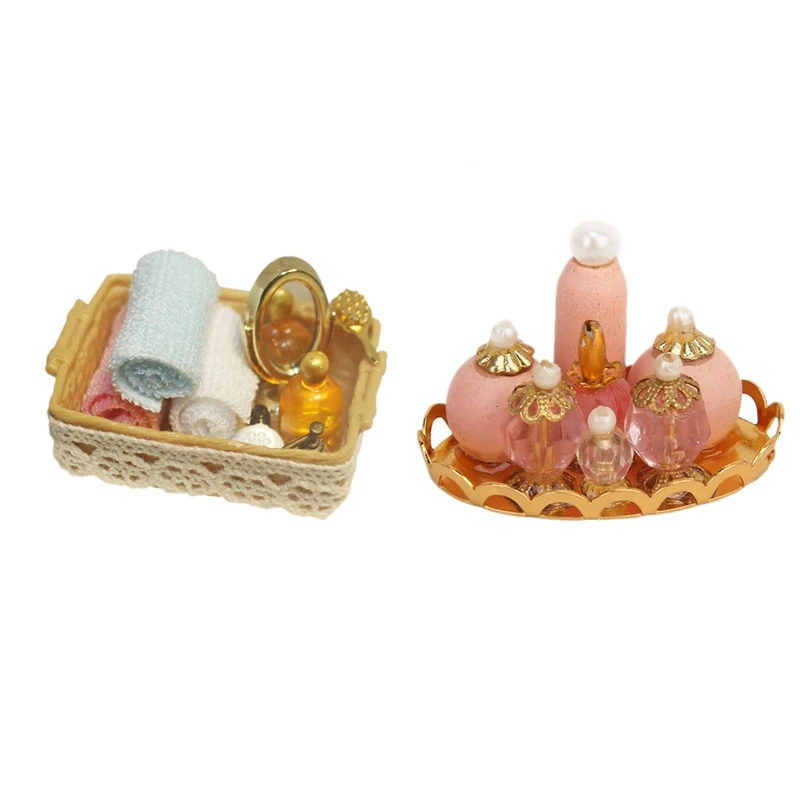 

2 Set Pink Perfume Bottle With Golden Platter With Mirror + Perfume + Towel + Roll Paper + Comb Bathroom