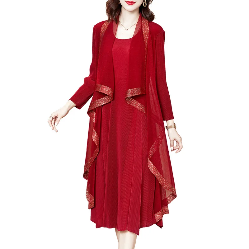 

Loose Middle-aged Women's Black Dresses 2021 Spring Simple Long Sleeve Wine Red Plus Size Fat Mother Dresses Fake Two-piece