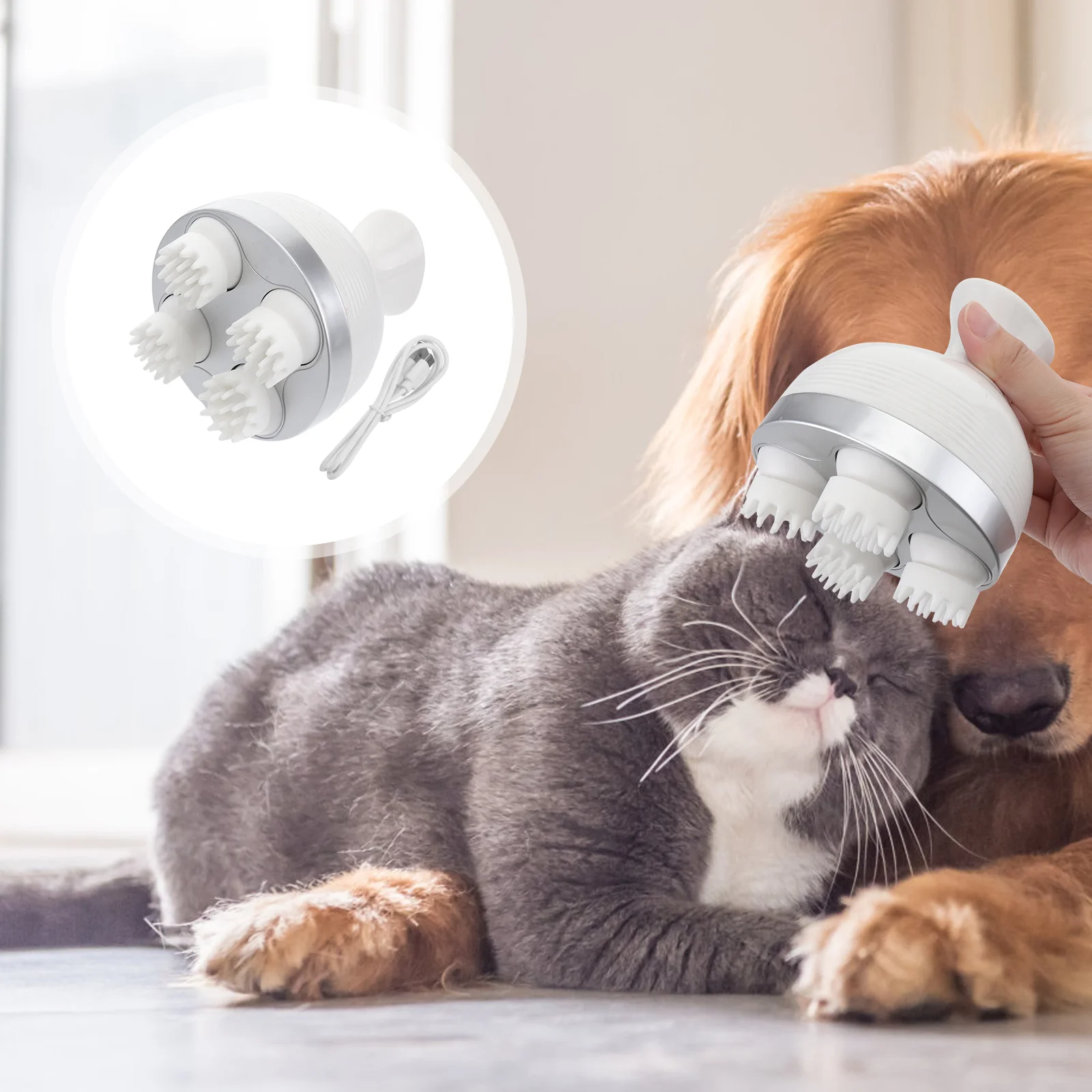 

Electric Pet Massager USB Charging Cat Omnidirectional Automatic Rotate Massager Funny Cat for Pet Dog (White)
