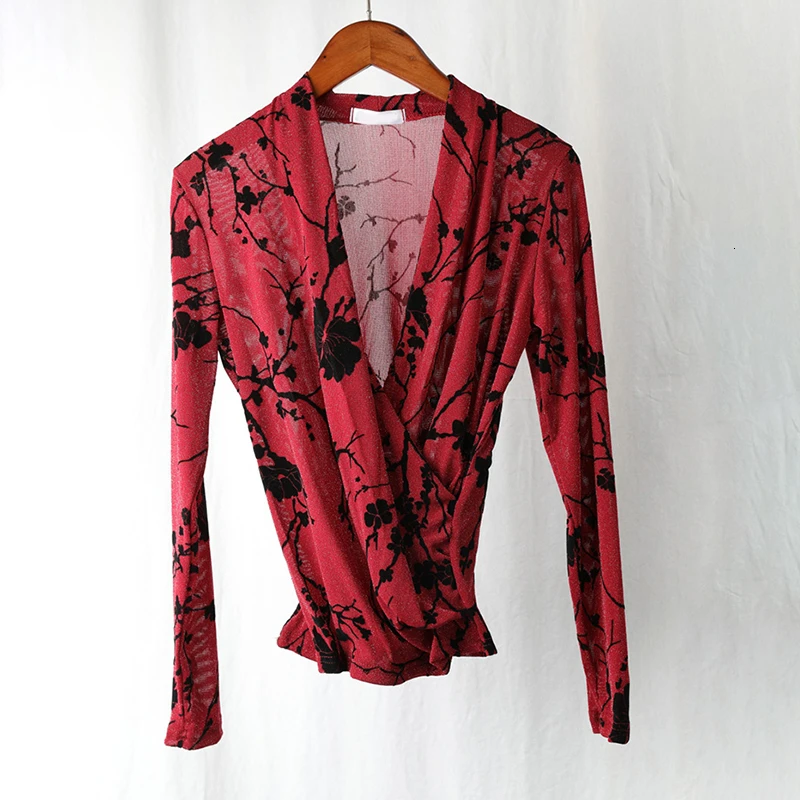 CHICEVER принт нестандартные футболки для женщин v-образный вырез длинный рукав