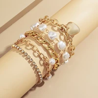 5pcs bohemia baroque pearl bracelets set for women boho heart pendant gold color charm bracelet on hand jewelry 2021 summer girl