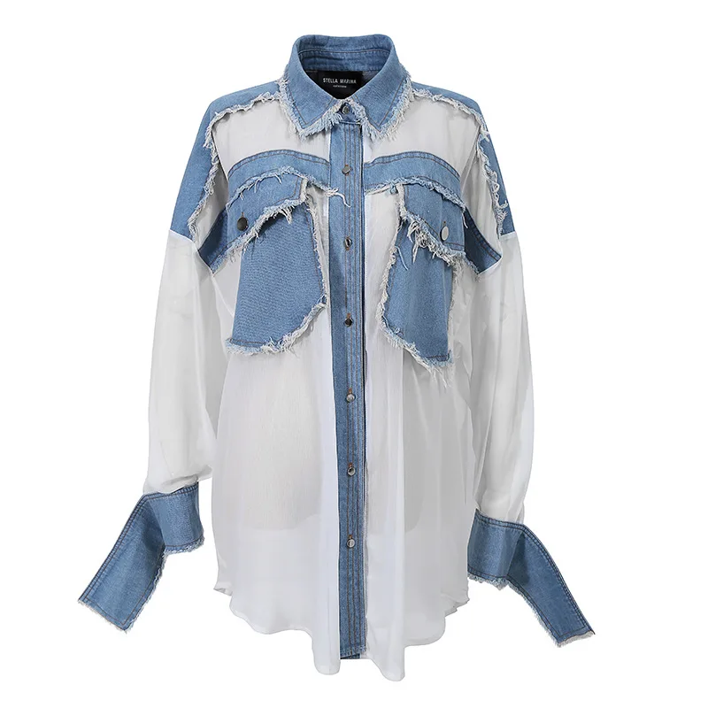 

korean style streetwear Patchwork casual blue jackets oversized loose FIT spring coats female D757