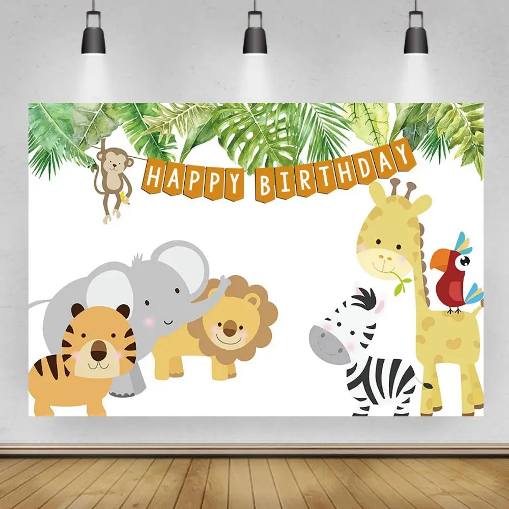

Cute Cate Lion Monkey Happy Birthday Banner Backdrops Photography Banana Leaves Tassel White Photo Backgrounds For Room Decor
