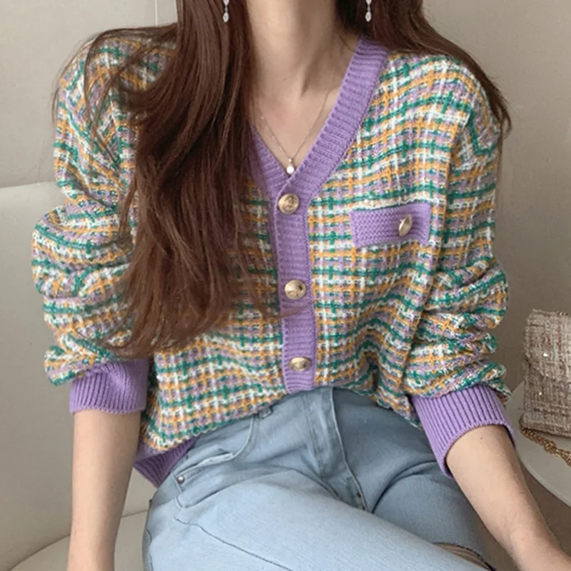 

2021 Spring New Kawaii Tweed Sweater Vintage Knitted Cardigans Women's Argyle Cardigan Autumn Korean Retro Sweater Knitwear Tops