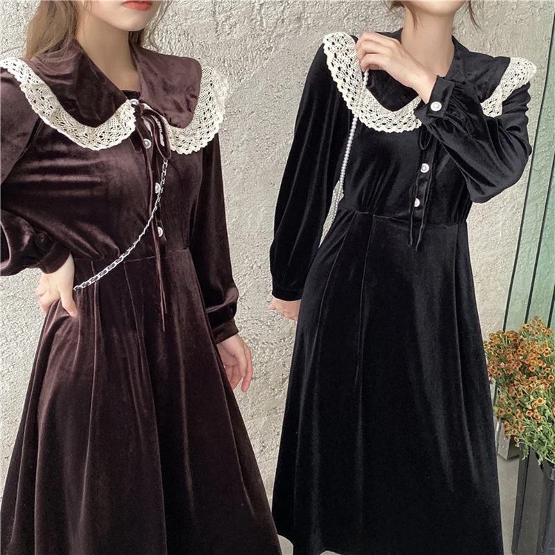 

Velvet A-Line Vintage Sweet Women Dress 2021 New Autumn And Winter Solid Doll Collar Long Sleeve Mid-Calf Dresses Female