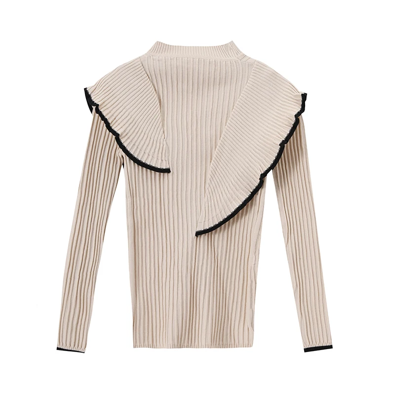 

2021 Spring New Ruffles Knitting Women Sweater And Pullovers O-Neck Long-Sleeved Elastic Elegant Office Lady Pulls Outwear Tops