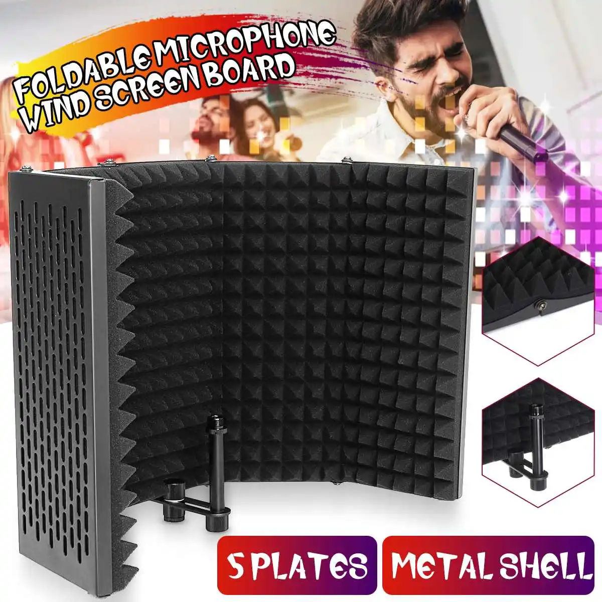 

Portable Microphone Isolation Shield 5 Reflection Panels Wind Screen Foldable High Density Absorbing Foam for Recording Studio
