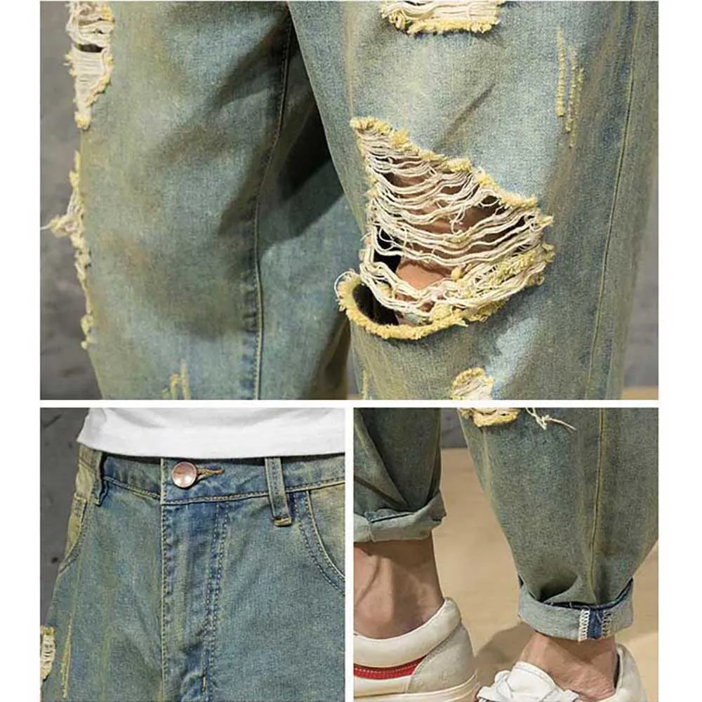 Модные уличные разорванный гарем джинсы мужские повседневные полые дырки