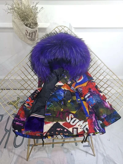 Purple Voilet Fur Children Winter Jacket Graffiti Boys Girls Real Fur Coat Thick Warm Rabbit Fur Kids Jacket Coat Furry Natural Fur Collar TZ428 - Цвет: Purple Voilet Fur