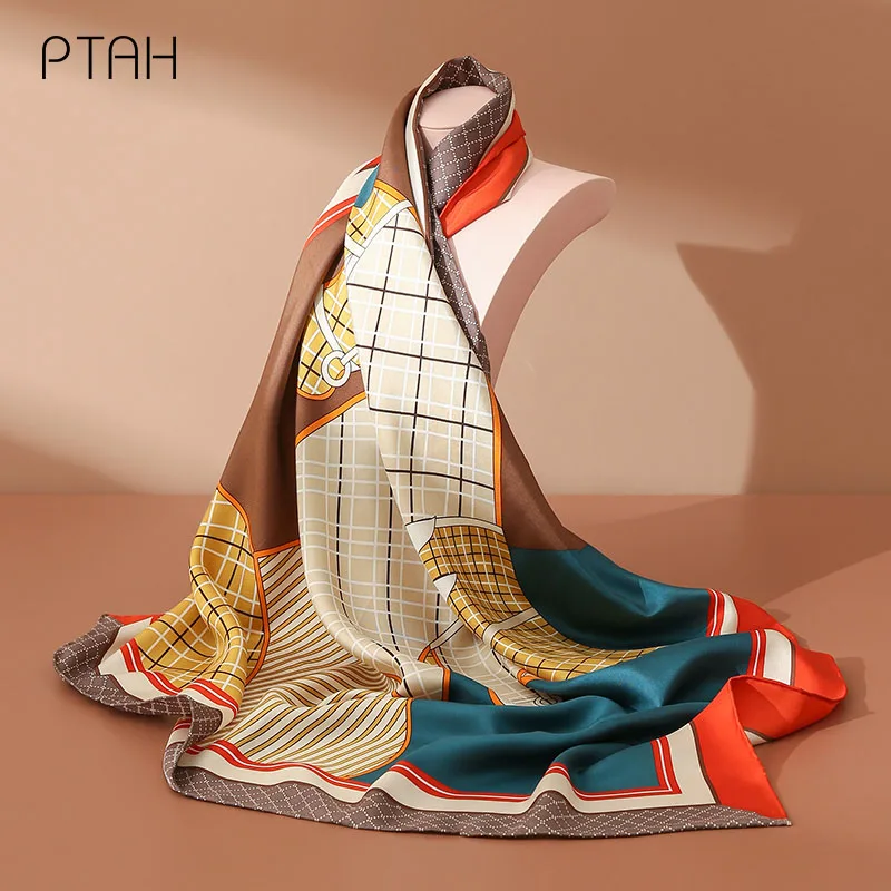 

[PTAH] 88*88CM 100% Mulberry Silk Scarves Ladies Autumn Large Square Towel Temperament Digital Print Silk Scarves High Quality