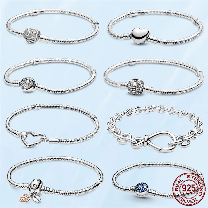 

TOP SALE Femme Bracelet 925 Sterling Silver Heart Snake Chain Bracelet For Women Fit Original Pandora Charm Beads Jewelry Gift