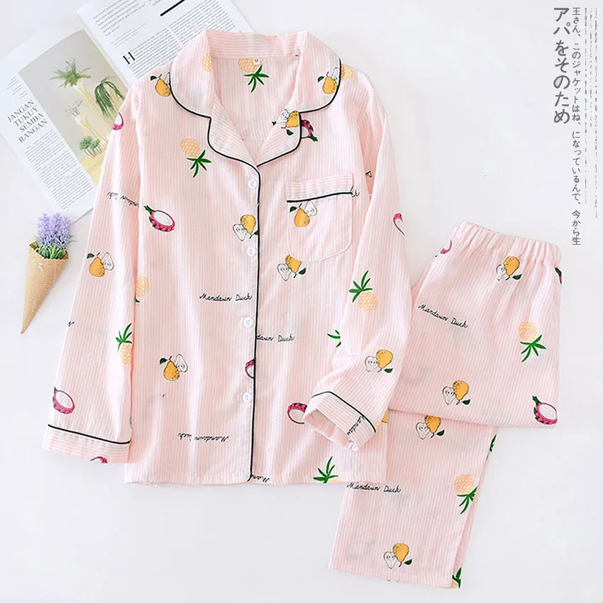 Pajamas-Pink2 DANALA Janpanese, осенне-зимние пижамные комплекты для женщин, одежда для сна, чистый хлопок, теплые пижамы с фруктовым принтом, одежда для сна с длинным рукавом - Цвет: Pajamas-Pink2