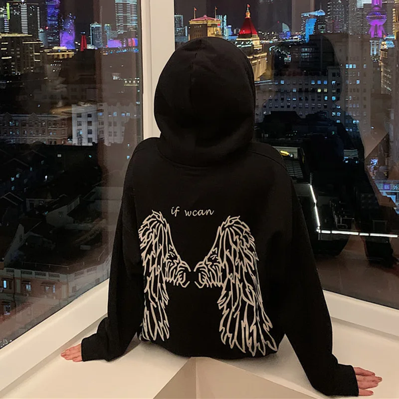 Womens Hoodie Sweatshirt with Back Angel Wings Print - Street Style Unisex Oversized Pullover Coat for Autumn Winter - Punk Hoodies for Women image 5