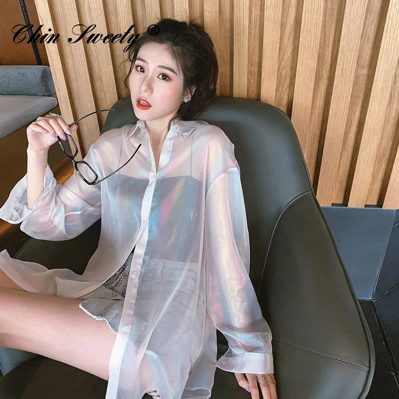 

Summer Mermaid Glitter Loose Shirt Women Transparent All-match Single-Breasted Shirts Female 2021 Spring Fashion Sexy Lady Coat